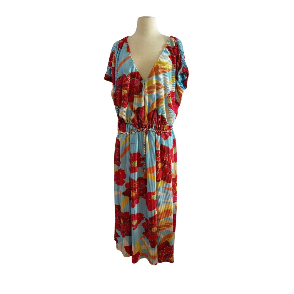 Floral Pleated V-Neck Midi Dress Blue Red Orange with Gold Chain Belt